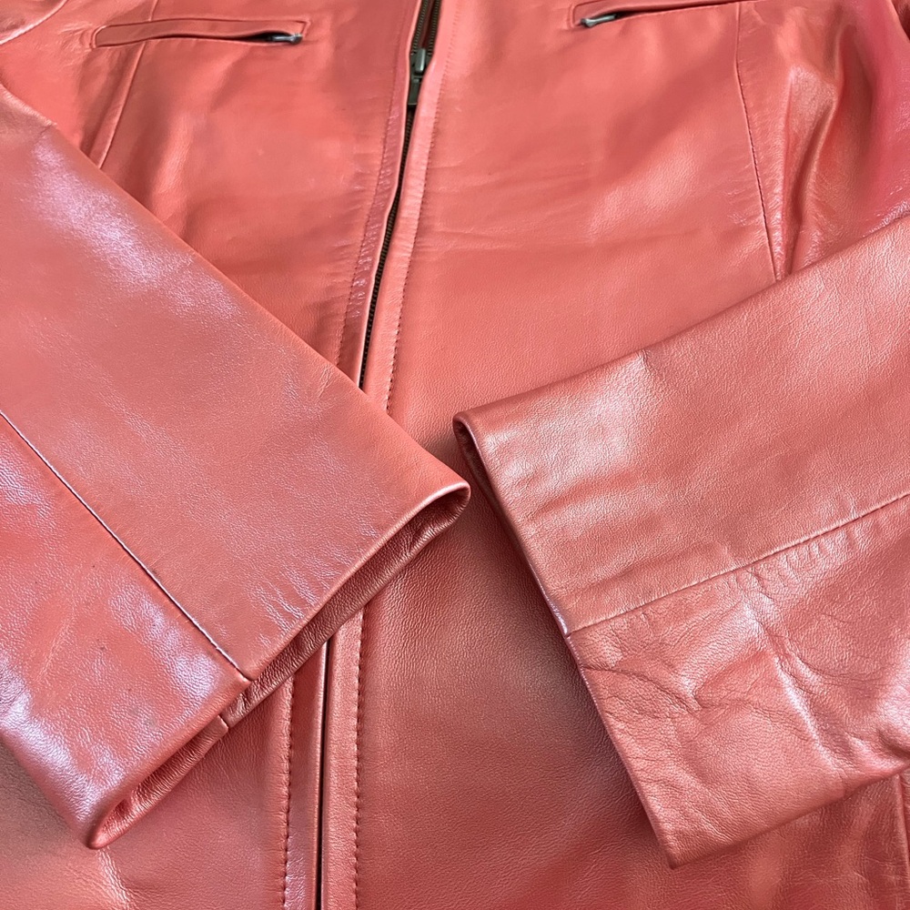 Alfani Genuine Leather Fully Lined Zip Front Jacket in Shimmery Peach Size Large - Picture 6 of 9